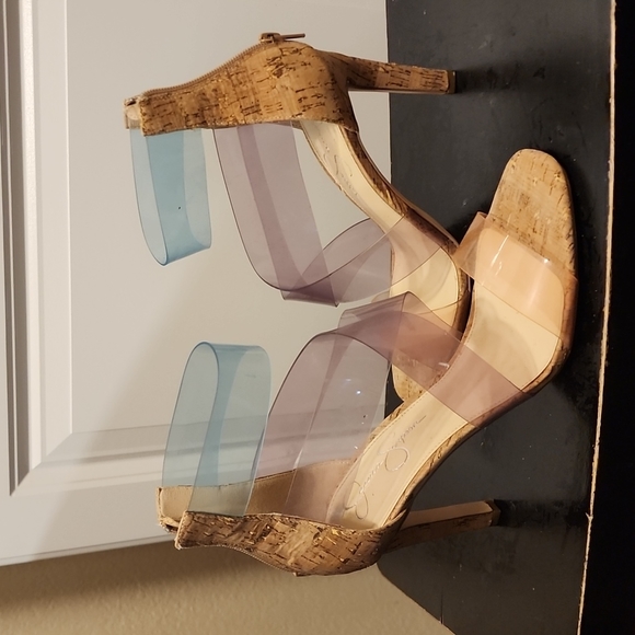 Jessica Simpson Multi Colored Clear Strap Cork Heels - Picture 2 of 5